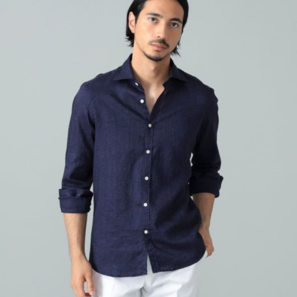 빔즈 Brilla per il gusto 린넨 내추럴 스트레치 와이드 카라 셔츠 네이비 24-11-0747-306