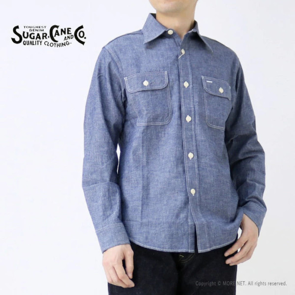 슈가케인 SUGAR CANE 블루 샴브레이 워크 셔츠 SC27850