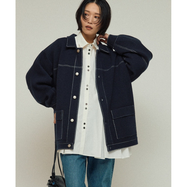 퍼스트핸드 오버사이즈 울 혼방 니트 커버올 배색 스티치 니트 자켓 3컬러 3432234400021