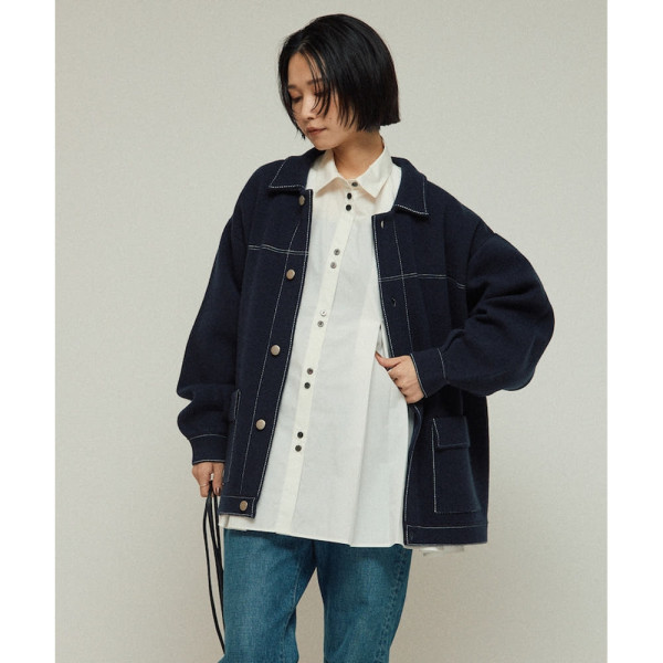 퍼스트핸드 오버사이즈 울 혼방 니트 커버올 배색 스티치 니트 자켓 3컬러 3432234400021